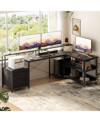 72.8" L Shaped Desk with File Drawer, Reversible Computer Desk with Power Outlet, LED Strip, Monitor Stand & Storage Shelves
