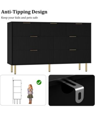 6-Drawer Modern Fluted Wood Dresser with Gold Handle, Large Storage Organizer for Bedroom, Living Room, Hallway