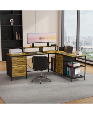 114" L-Shaped Desk with Power/USB-C 6 Drawers 3 Shelves Monitor Stands Rustic Brown