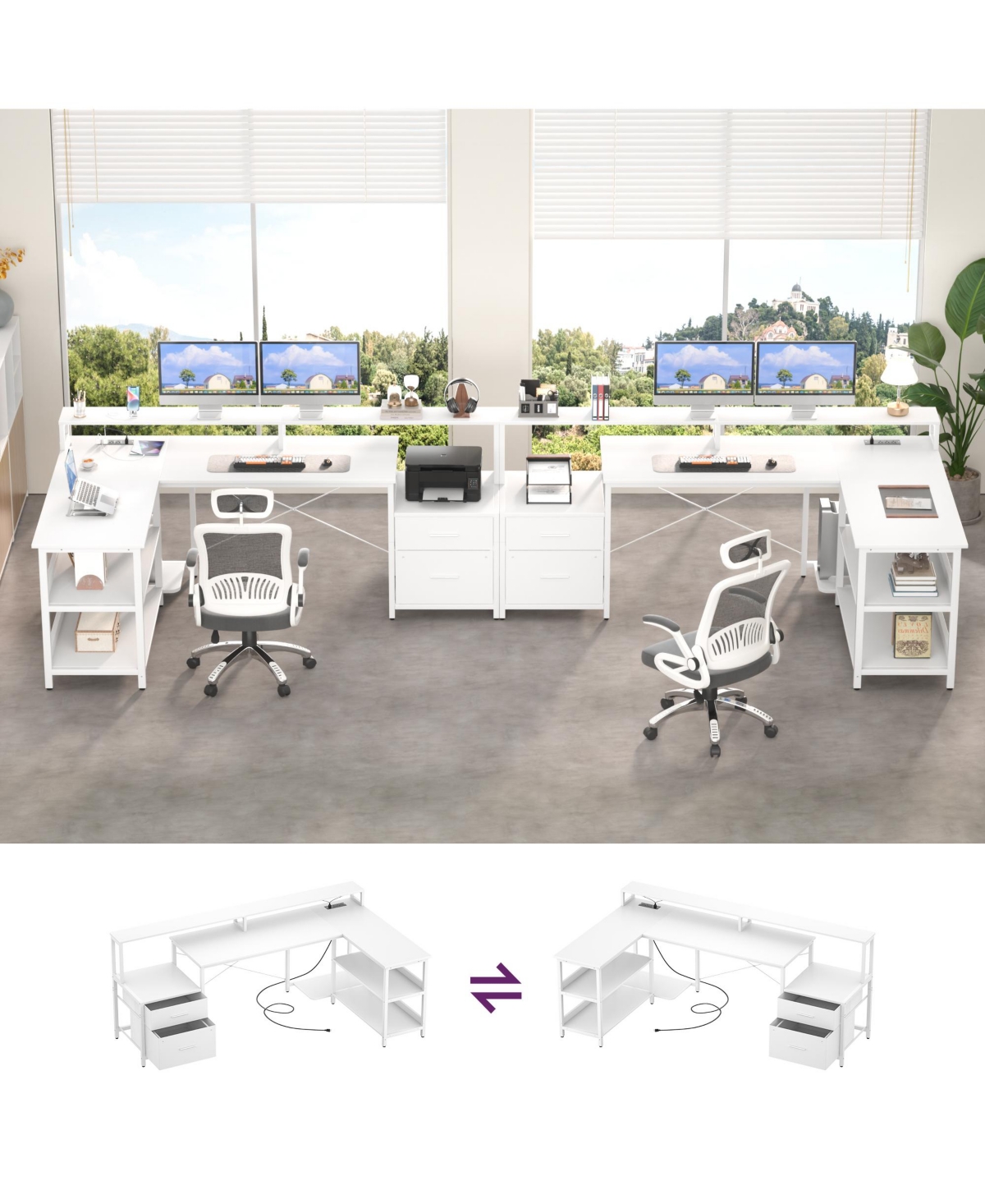 Aheaplus 67'' L-Shaped Desk with Drawers and Shelves, Reversible Corner Computer Power Outlet & Monitor Stand