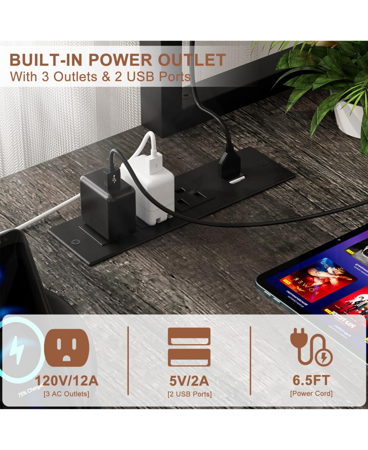 Aheaplus 49'' Reversible L Shaped Gaming Desk with Power Outlet and Led Lights, Corner Hutch & Monitor Stand