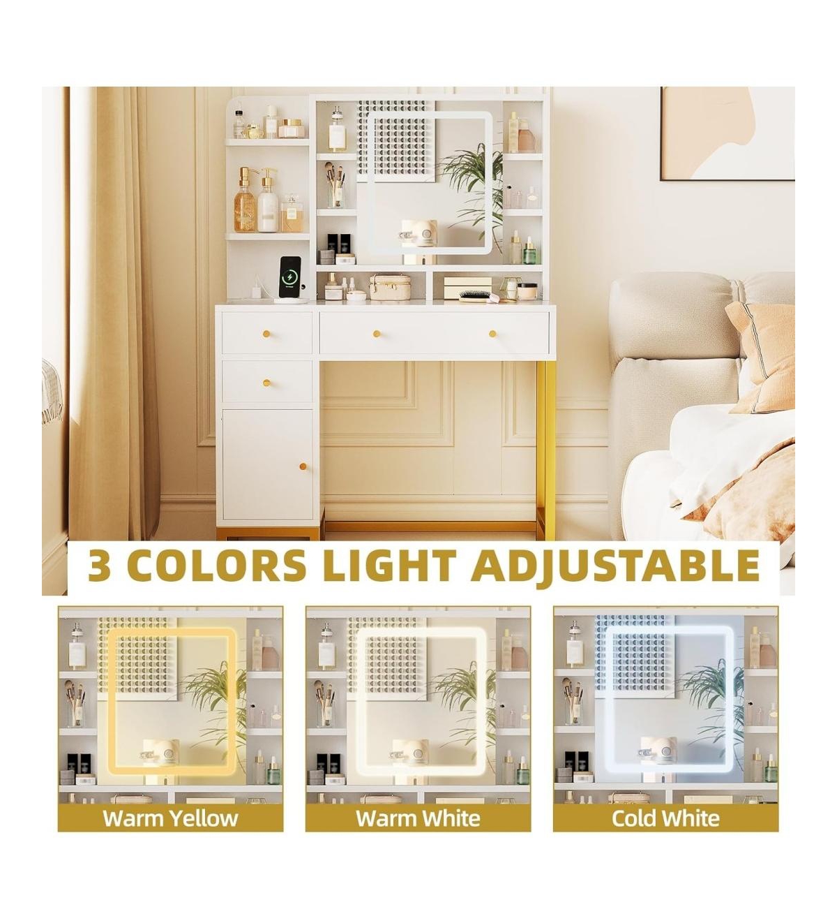 gaomon White Vanity Desk with Mirror & Led Lights, Makeup Dressing Table with Power Outlet, Bedroom