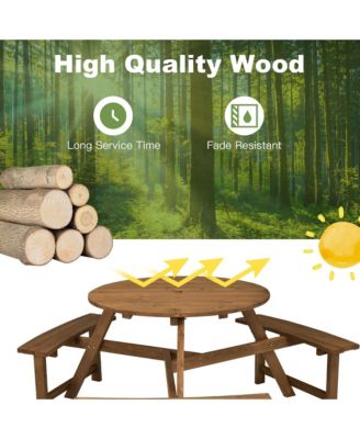 6-person Round Wooden Picnic Table Outdoor Table w/ Umbrella Hole & Benches