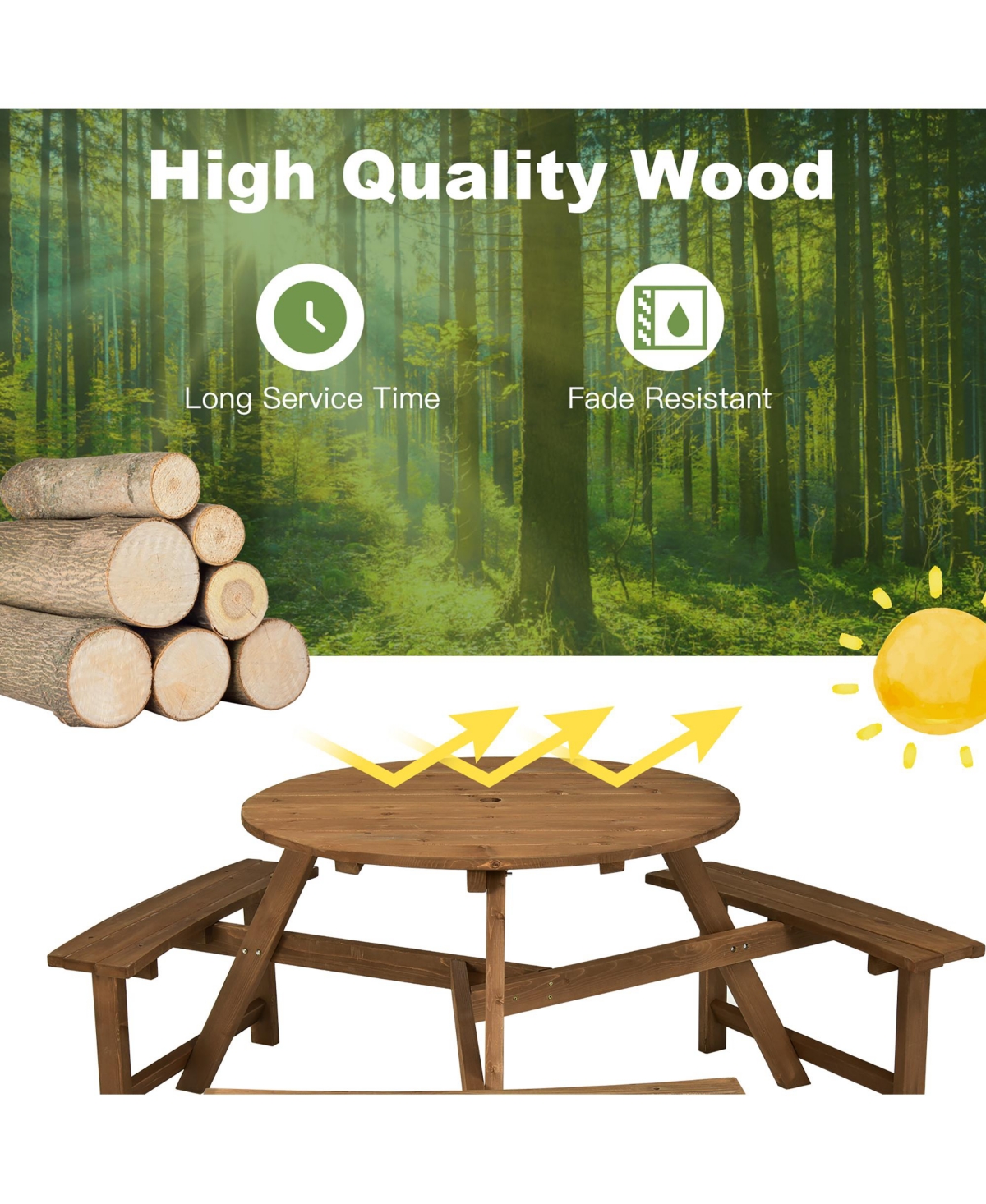 Costway 6-person Round Wooden Picnic Table Outdoor Table w/ Umbrella Hole & Benches