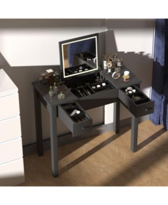 Elegant Vanity Table with LED Lights, Flip-Top Mirror and 2 Drawers, Jewelry Storage for Women Dressing