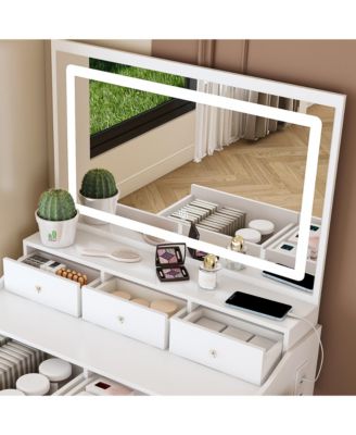 Modern Vanity Desk with Lighted Mirror & Outlet