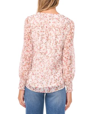 Women's V-Neck Button-Front Smocked-Shoulder Top