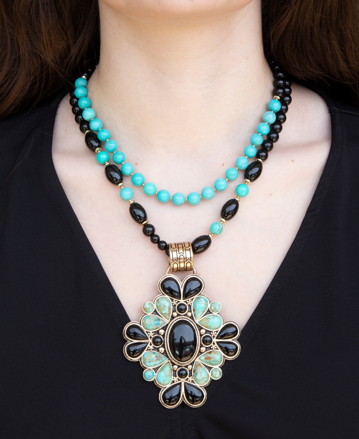 Barse Barcelona Blue Turquoise and Black Onyx Golden Statement Necklace