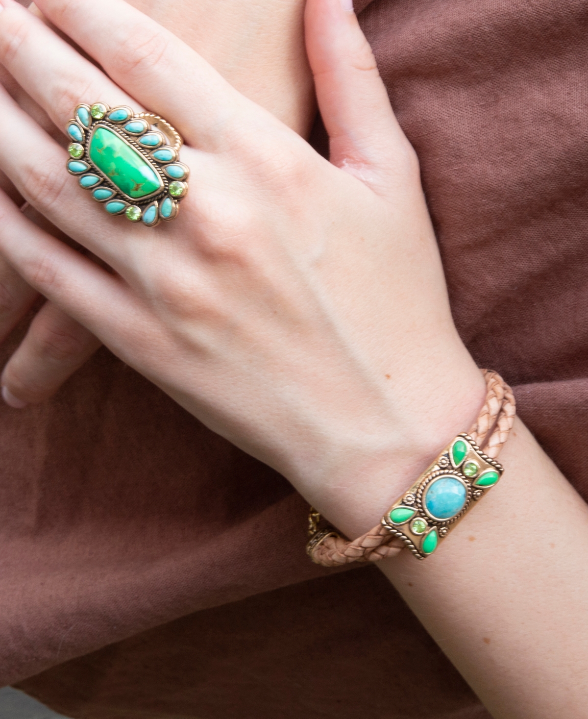 Barse Legacy Lime Green and Blue Turquoise Golden Statement Ring