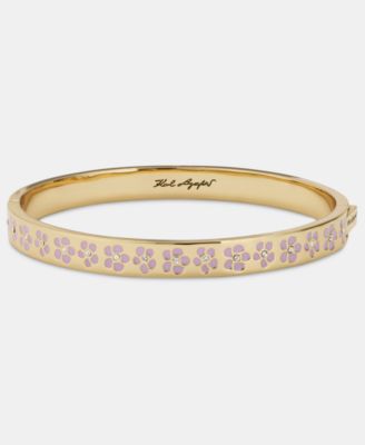 Gold-Tone Purple Flower Inlay Polished Bangle Bracelet
