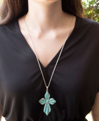 Blue Turquoise Cross Pendant Sterling Silver Necklace
