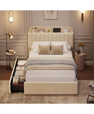 Boucle Storage Bed with Built-In Bookcase, 2 Drawers, Sturdy Frame, No Box Spring Required