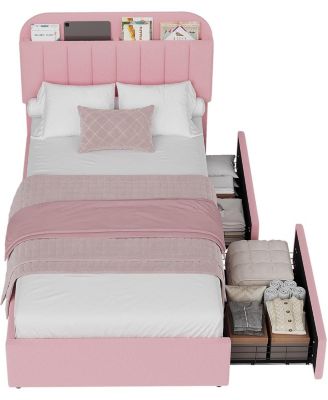 Boucle Storage Bed with Built-In Bookcase, 2 Drawers, Sturdy Frame, No Box Spring Required - Full