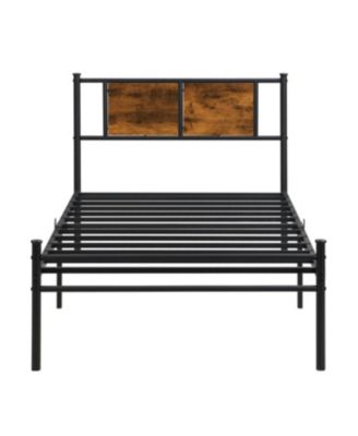 Twin XL Size metal bedframe, Headboard with wood panel decoration