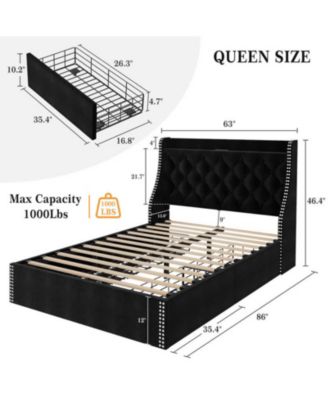Queen Bed Frame Black Upholstered 4 Storage Drawers Wingback Headboard Charging Station Button Tufted