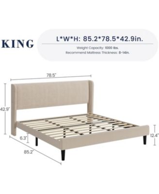 King Size Bed Frame Velvet Upholstery Platform Wingback Headboard