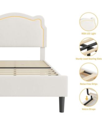 Twin Size Velvet Upholstered Smart LED Platform Bed Frame with Adjustable Bear Headboard, Wooden Slats, No Box Spring, Beige