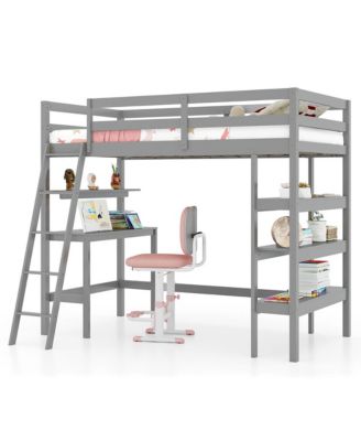 Twin Size Solid Wood Loft Bed w/ Desk & Bookshelves Ladder & Guardrails