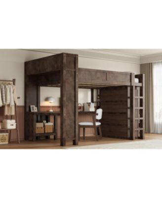 Wooden Queen Loft Bed with Wardrobe, Desk, Storage Headboard