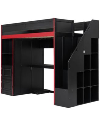 Gaming Loft Bed with Desk and Storage, LED Lights, Twin
