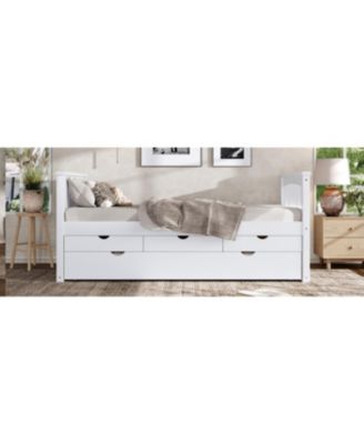 Twin Platform Bed with Drawers, Trundle, Solid Wood Daybed, White