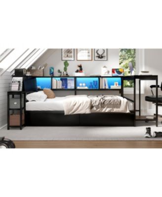 Streamdale Twin Corner Bed Frame with Bookcase, LED, and Storage Drawers