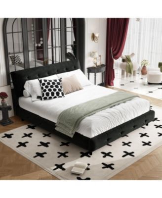 Queen Size Pine Wood and Metal Frame Bed Frame with Tufted Headboard, Chenille Platform Bed