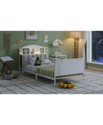 Streamdale Twin Metal Platform Bed with Upholstered Storage Headboard, White