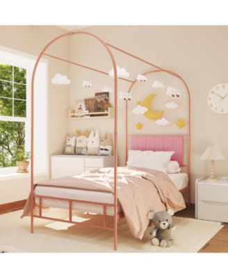 Twin Canopy Bed Frame with Upholstered Headboard, Arched Metal Design, Under-Bed Storage, Decorative Platform Bed