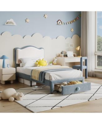 Twin Size Upholstered Bed Frame with 2 Drawers, Double Wavy Headboard, Princess Platform for Girls