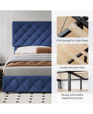 Full Size Bed Frame 4 Storage Drawers and Headboard Linen Upholstered Diamond Tufted Easy Assembly Noise-Free