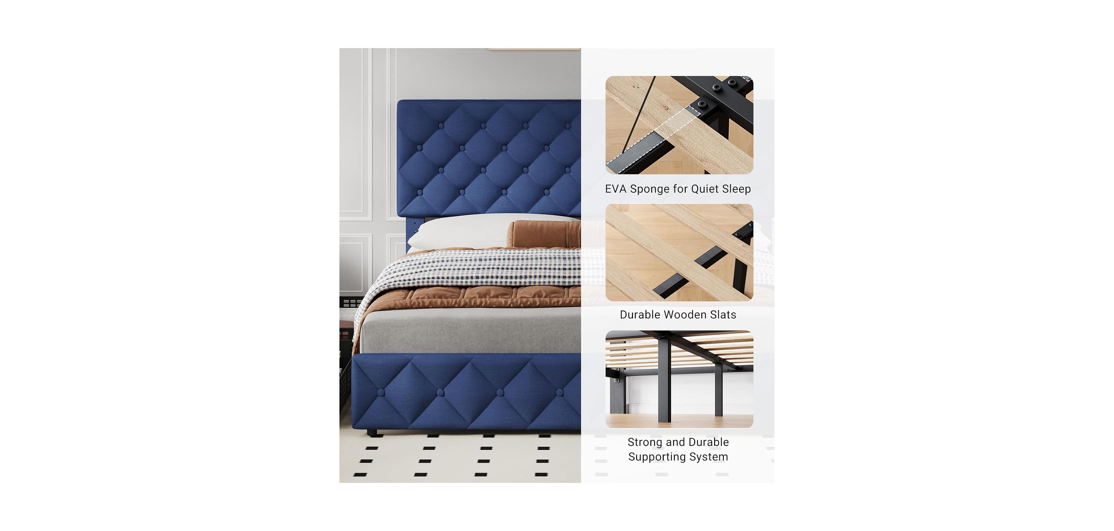 gaomon Full Size Bed Frame 4 Storage Drawers and Headboard Linen Upholstered Diamond Tufted Easy Assembly Noise-Free