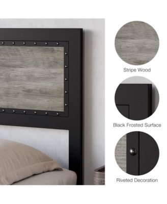 Full Bed Frame with Headboard Industrial Platform Charging Station 4 Storage Drawers Metal Slats Grey