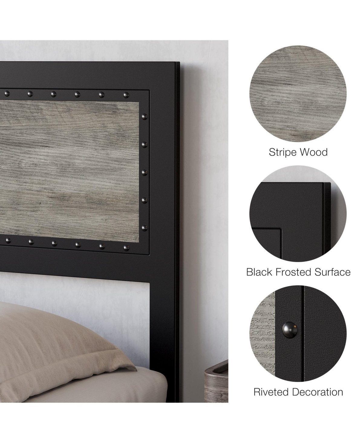 gaomon Full Bed Frame with Headboard Industrial Platform Charging Station 4 Storage Drawers Metal Slats Grey