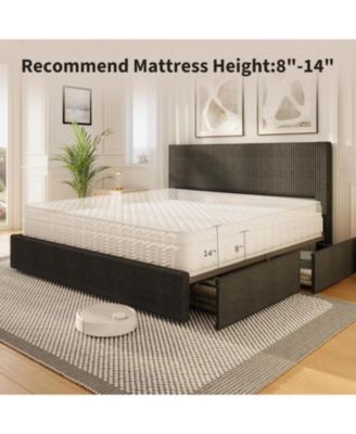 Queen Size Upholstered Platform Bed Frame 4 Storage Drawers Corduroy Tufted Wingback Headboard Wood Slats No Box Spring Black