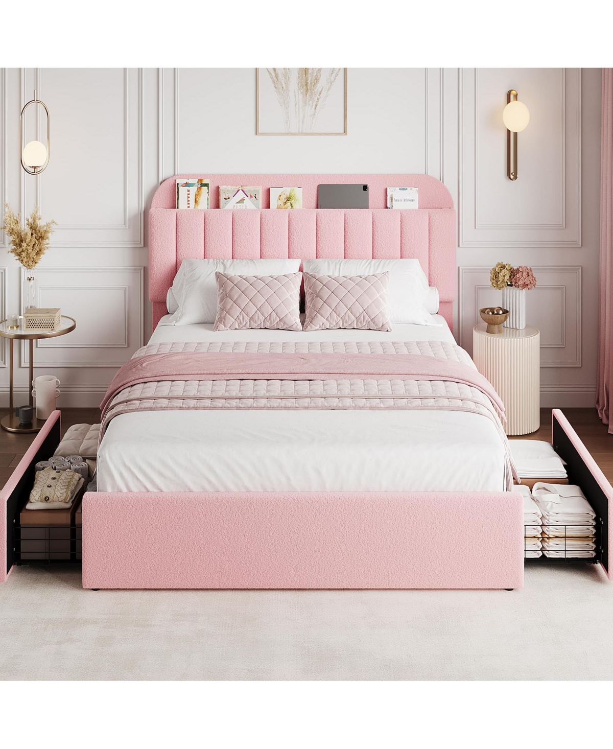 gaomon Full Bed Frame with Storage Headboard, Girls Bed Frame with 2 Drawers