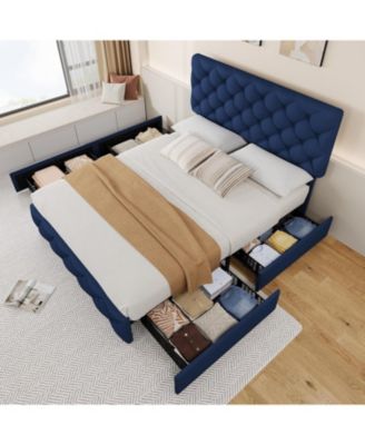 Queen Bed Frame with 4 Storage Drawers and Headboard, Linen Upholstered Platform Bed Frame with Wooden Slats Support