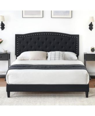 Full Upholstered Platform Bed, Adjustable Wingback Tufted Headboard, Heavy-Duty Slats, No Box Spring Needed, Sturdy Frame. - Queen