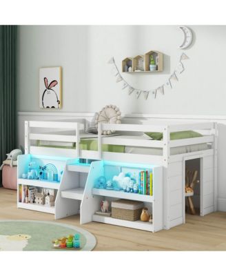 Twin Size Loft Bed w/ LED Lights Staircase & Safety Guardrail Under-bed Storage