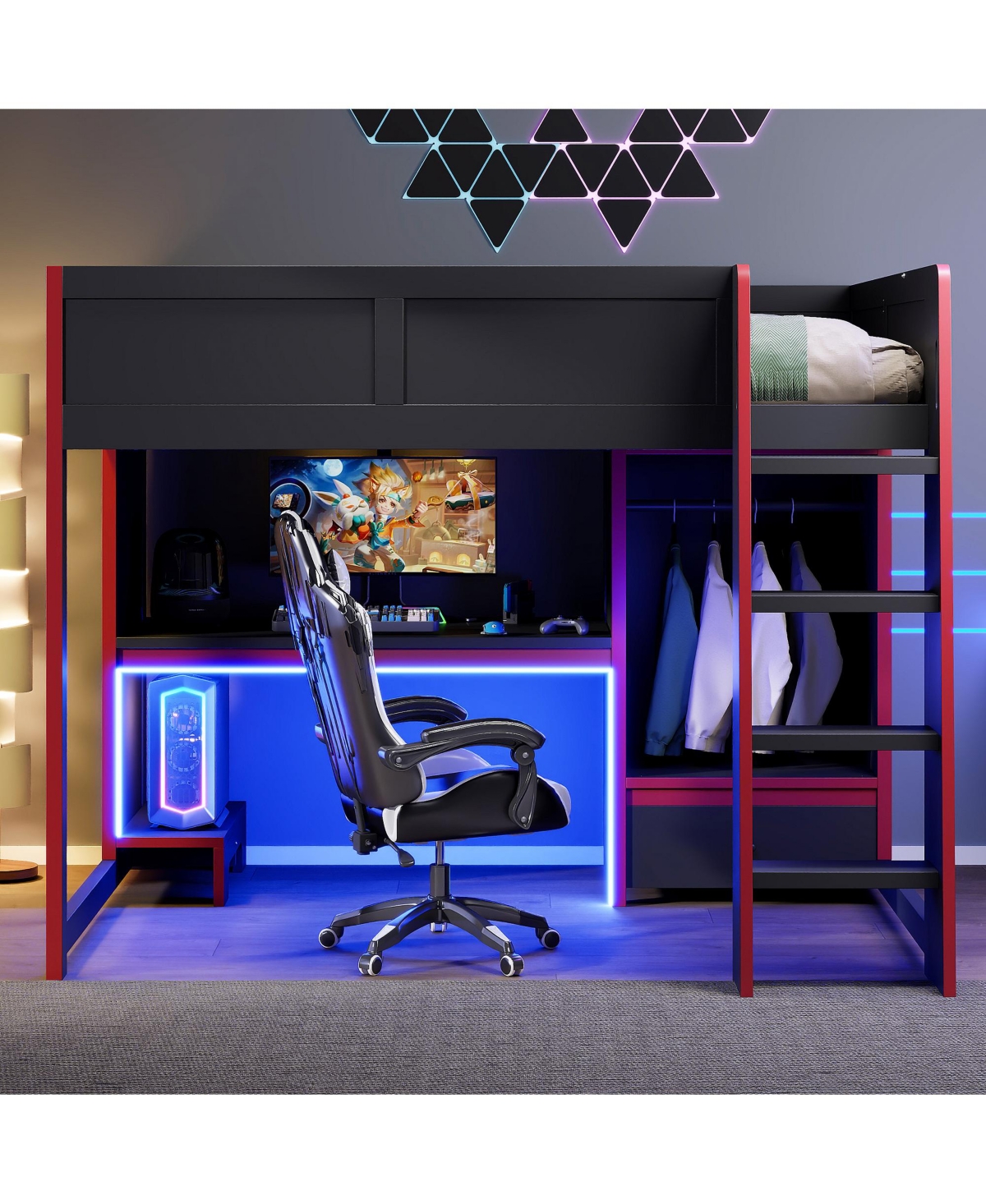 Flynama Wood Gaming Loft Bed with BuiltIn Desk Wardrobe and Storage Drawer Led Lighting Space Saving Furniture for Teens and Adults Bedrooms
