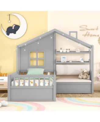 Twin Size Pinewood House Bed with Linen Sofa, Drawers and Storage Shelf