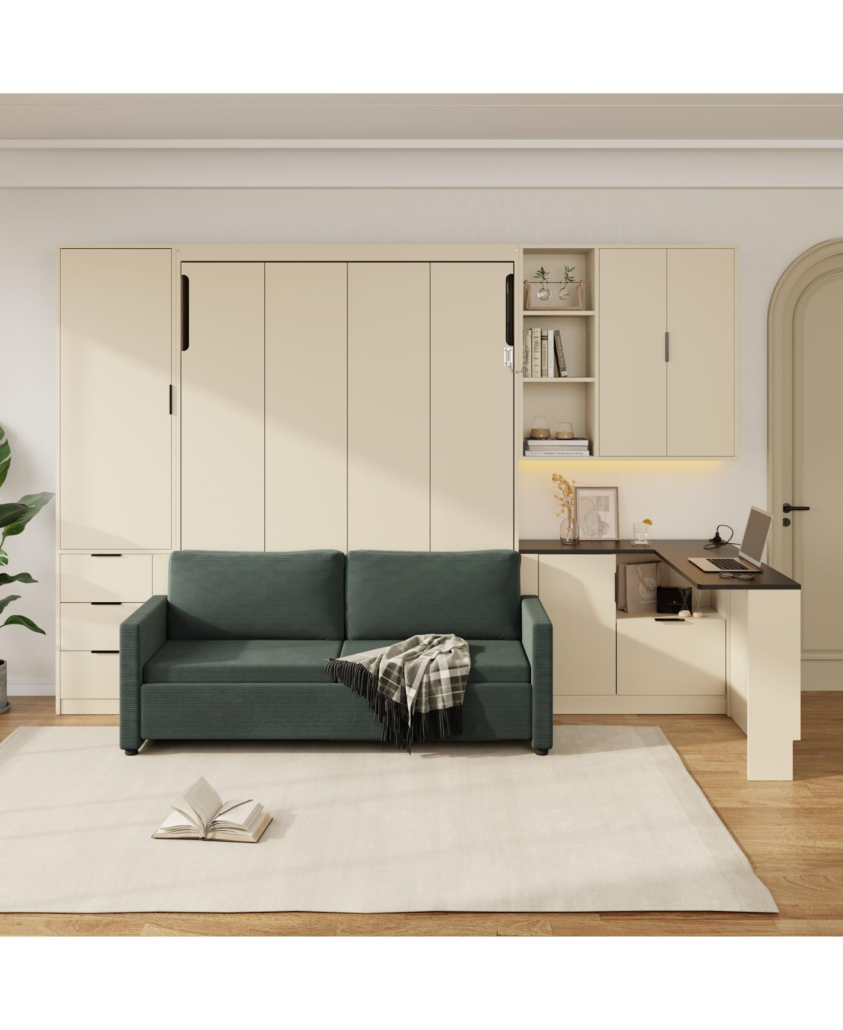 Streamdale Queen Wall Murphy Bed w/Hydraulic Storage, Sofa, Shelves, Drawers, Led/Usb