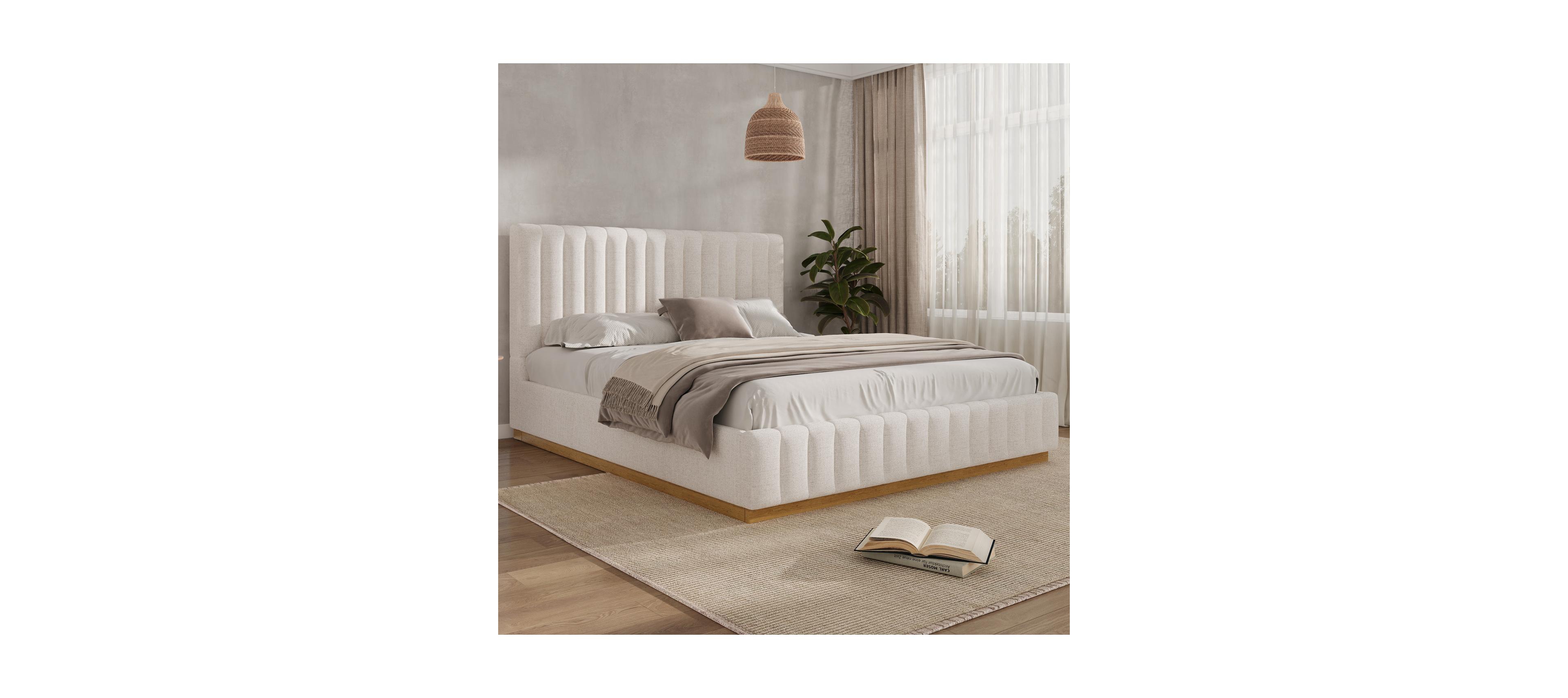Streamdale Furniture Streamdale King Size Linen Upholstered Bed Frame with Solid Wood Base, Beige