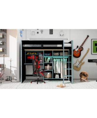 Full Size Wood Loft Bed with Desk, Wardrobe, Storage & RGB Lights