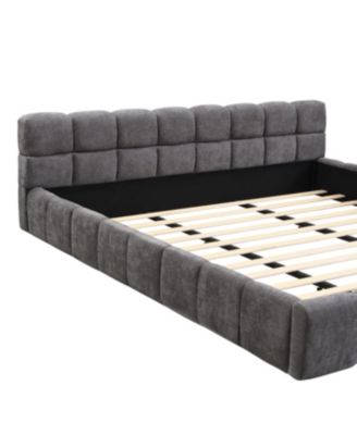 Elegant Beige Chenille Upholstered Bed with Checkerboard Design, King, Grey