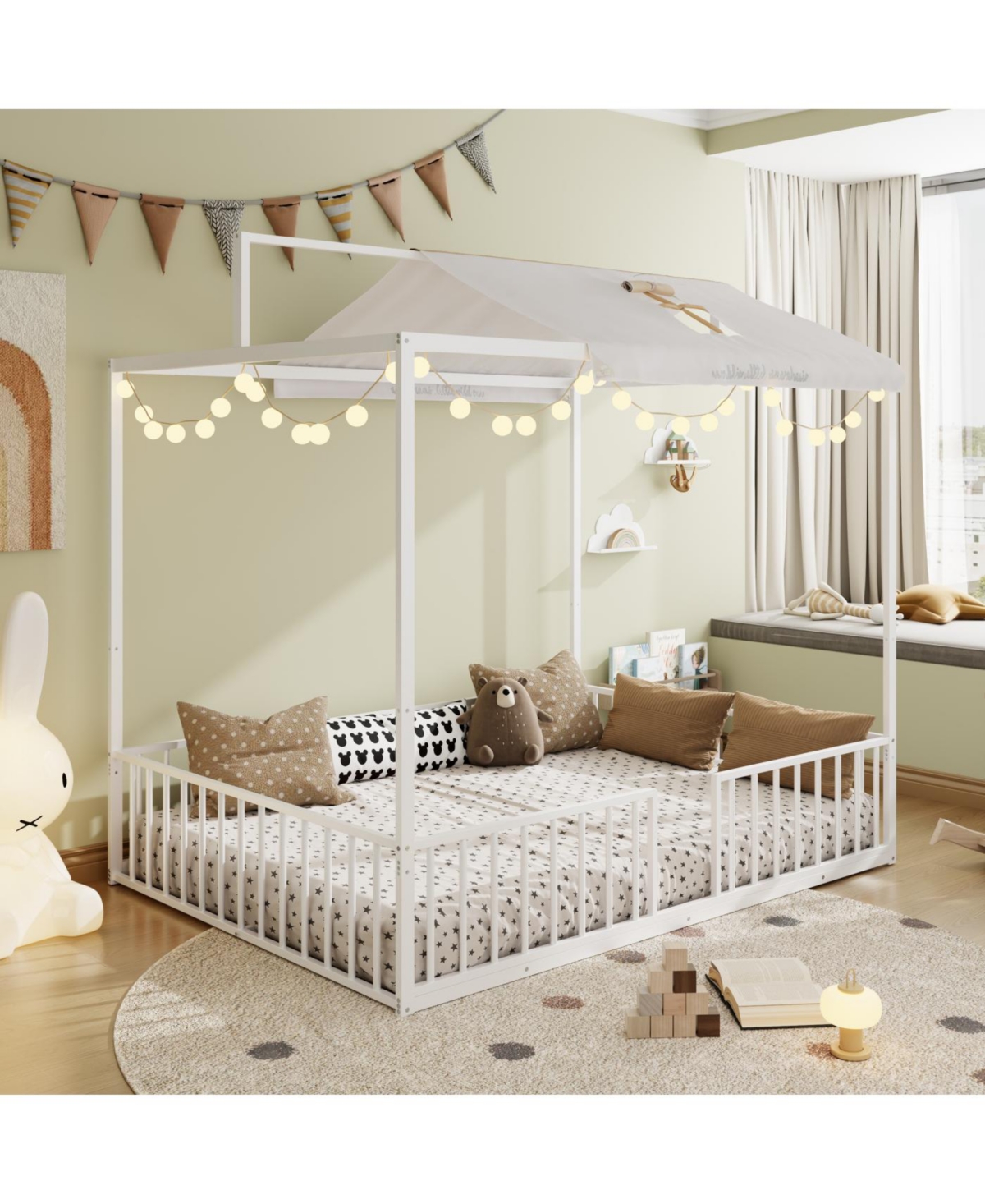 Streamdale Furniture 3-in-1 Convertible Montessori Metal Floor Bed, Fenced Toddler Bed, Canopy Platform