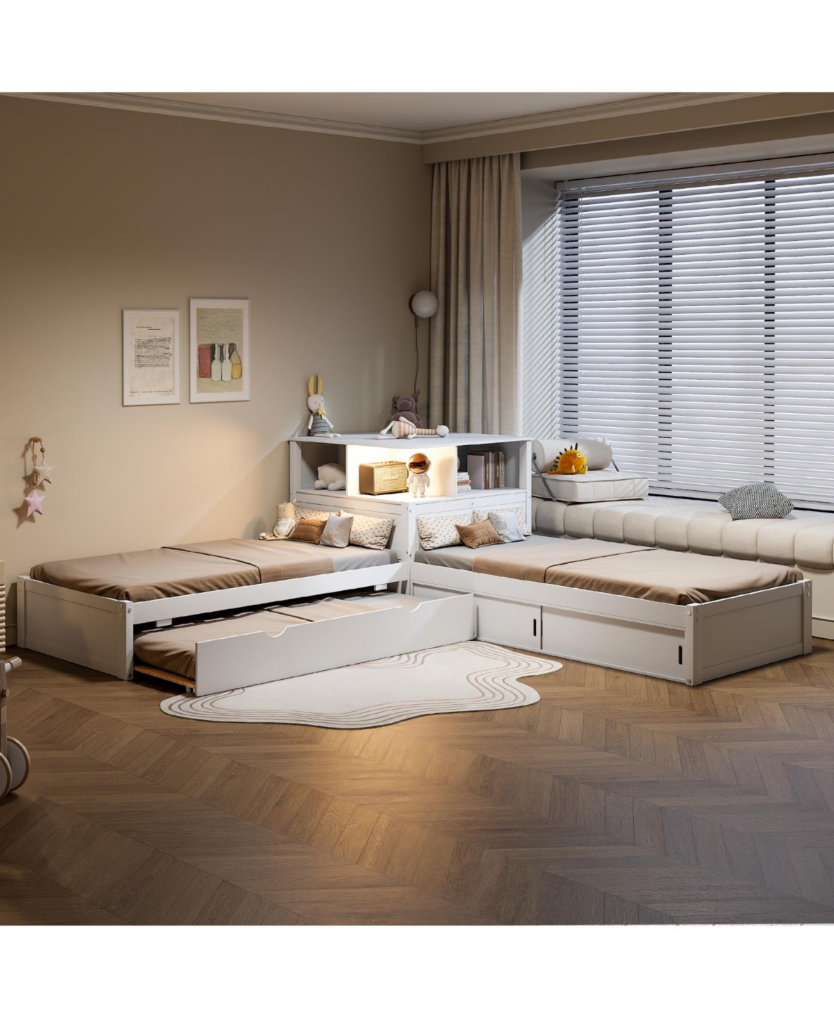 Streamdale Twin L-Shaped Platform Bed with Storage, Desk, Trundle & Led