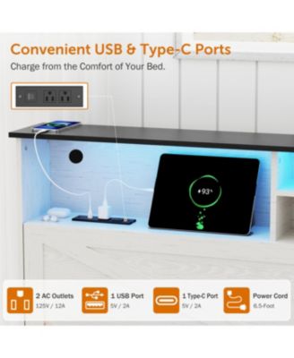 Streamdale Farmhouse Full Size Bed Frame with Storage Headboard, Charging Station & LED Lights, White