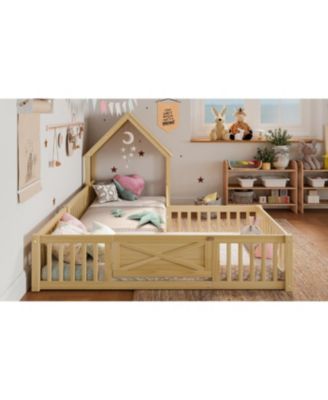 Twin Size House Floor Bed with Door and Guardrails, Natural
