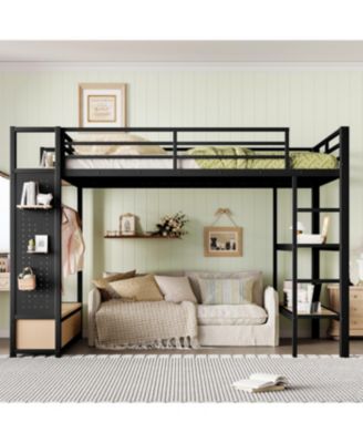 Streamdale Queen Loft Bed Frame with Wardrobe & Storage Shelves, Black